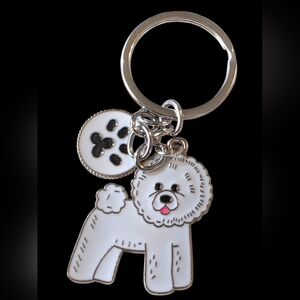 Adorable Bichon Frise White Dog Keychain with Paw Charm